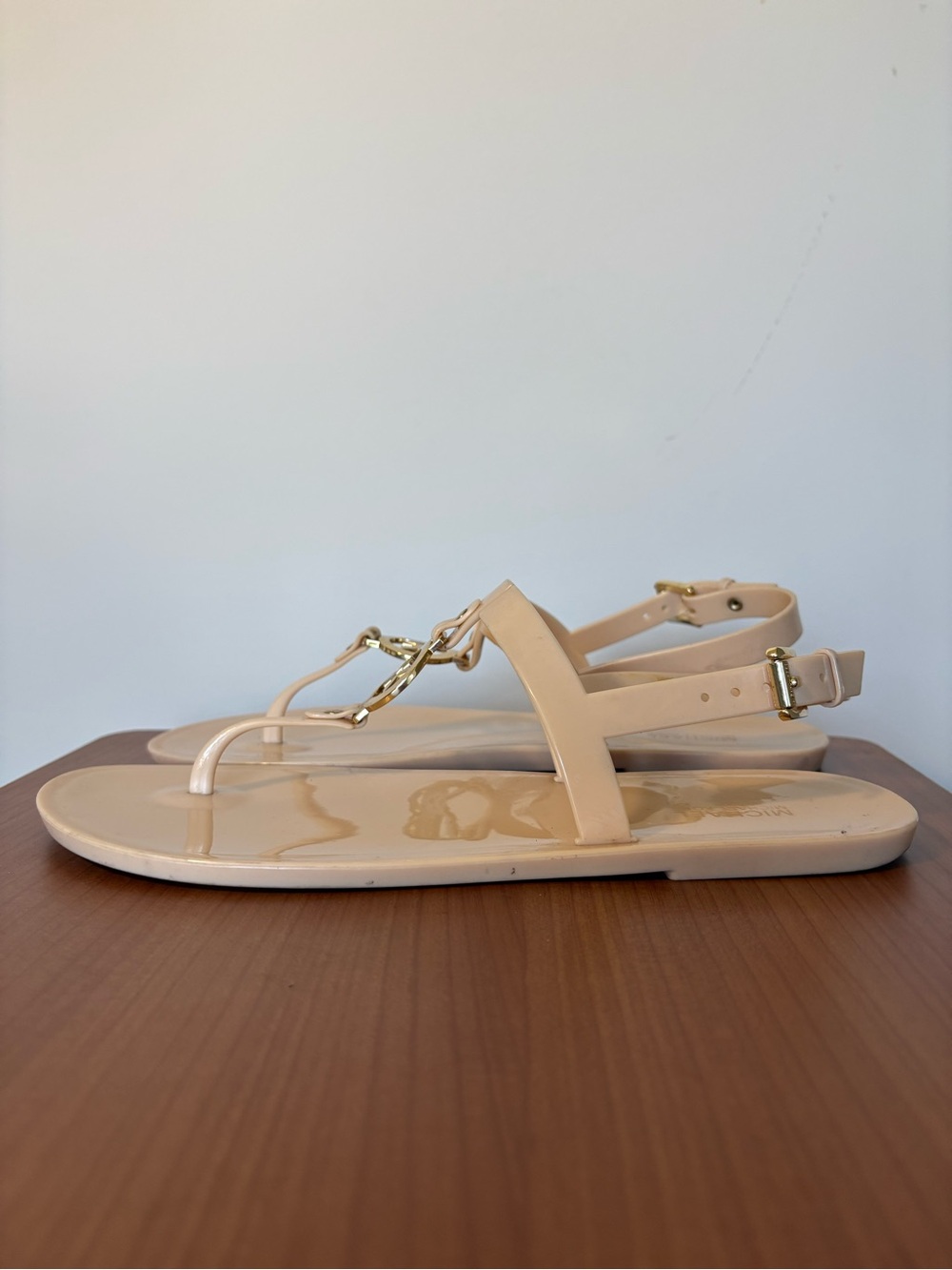 MICHAEL Michael Kors Nude Pink Sondra Jelly Adjustable Strap Sandals Gold Logo